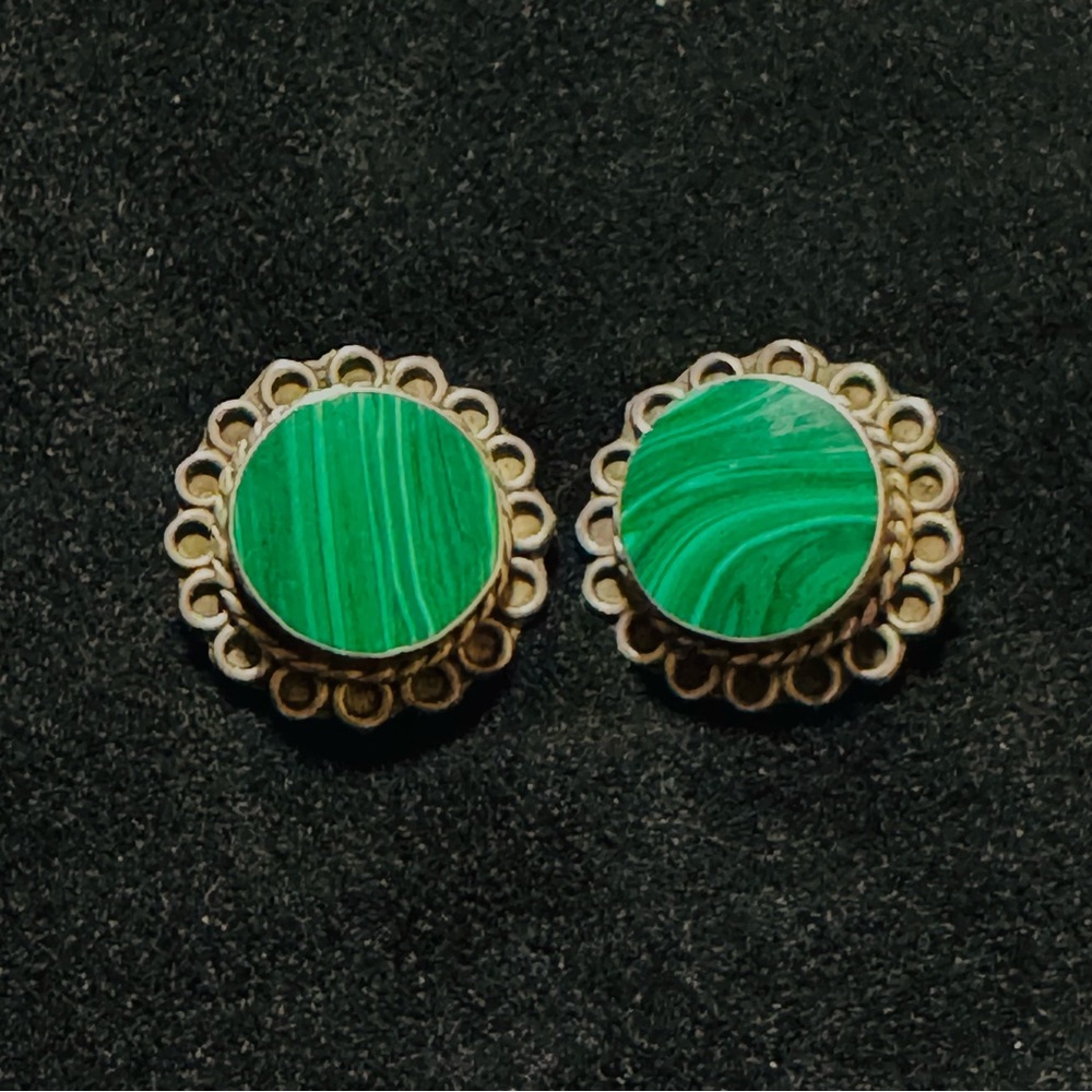Vintage Sterling Silver 925 Malachite Clip On Earrings